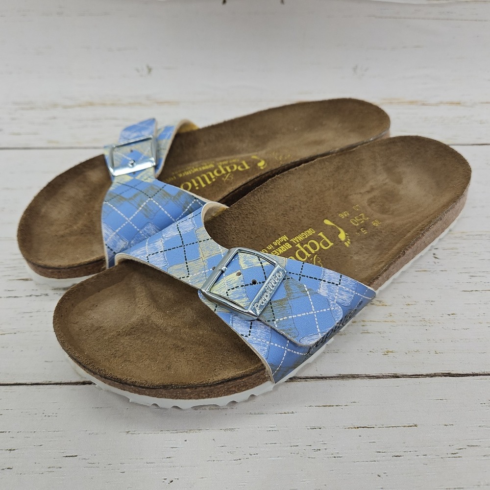Birkenstock Papillio Madrid Blue Plaid Single Strap Sandal Slides Womens 8 Cork‎